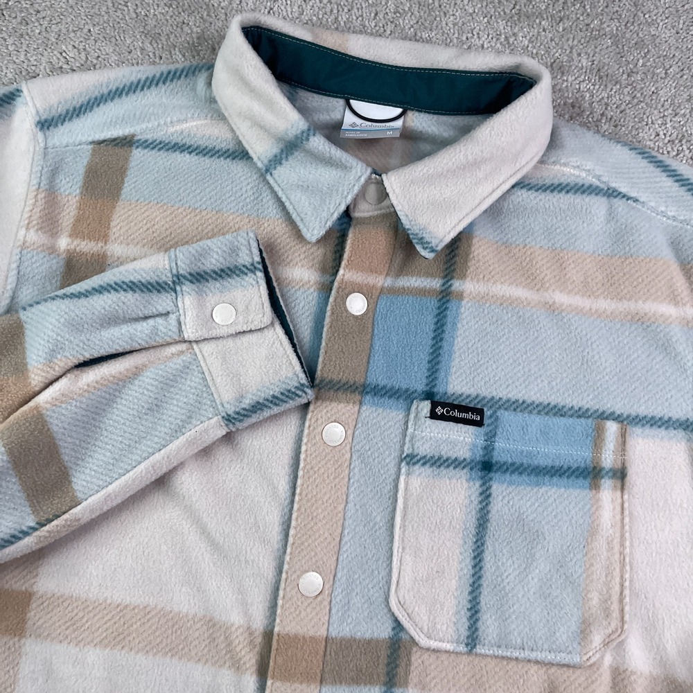 Columbia Shirt Mens Medium Blue Tan Plaid Steens Mountain Fleece Snap Shacket